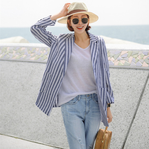 Slim stripe one button suit jacket women's 2021 new Korean Literature & Art Cotton & Hemp retro casual Blazer