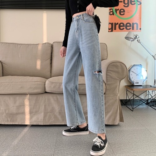 High waist and thin straight pants, loose wide leg pants, perforated jeans, female student trend