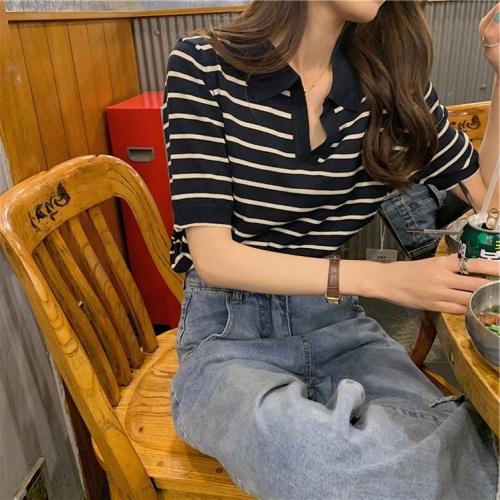 Korean simple summer retro Lapel stripe thin T-Shirt Top loose and versatile straight tube short sleeve T-shirt