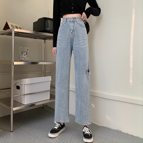 High waist and thin straight pants, loose wide leg pants, perforated jeans, female student trend