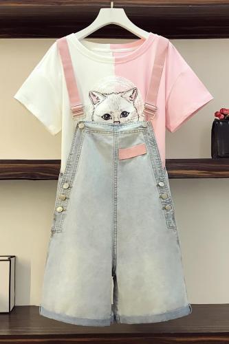 Real shot large size women's 2021 summer dress new style fat sister foreign style show thin cover belly jeans two piece set
