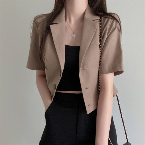 Korean solid short sleeve cotton and hemp Blazer women's 2021 summer new casual short style small suit coat