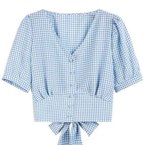 Plaid Short Sleeve Chiffon shirt women's summer dress new design feeling back bow tie led blouse
