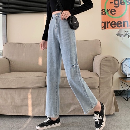 High waist and thin straight pants, loose wide leg pants, perforated jeans, female student trend