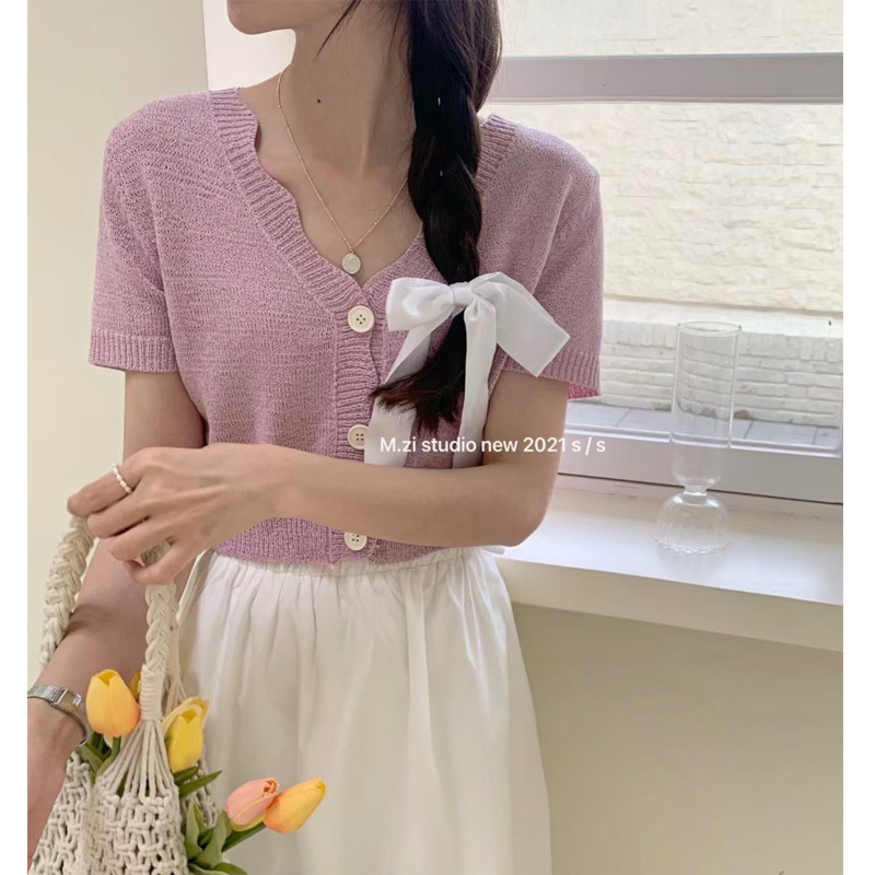 2021 T-shirt thin female summer Korean chic age reducing sweet short open navel cardigan short sleeve sunscreen