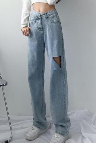 Hole light blue retro wide leg pants irregular elegant cross waist loose floor jeans