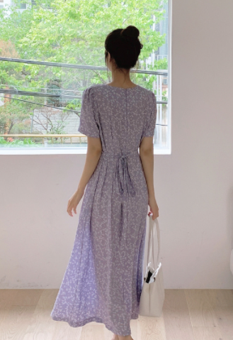 Korean V-neck floral waist cut Chiffon Dress
