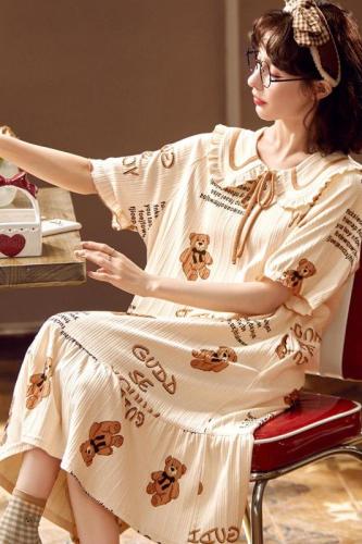 Women's summer combed cotton short sleeve mid length dress Korean casual cartoon pajamas