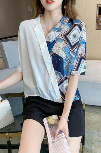 Contrast stitching V-neck shirt women's 2021 summer new style chiffon short sleeve top design