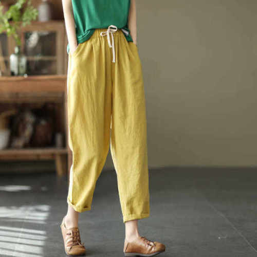 Cotton linen pants women's elastic waist loose casual pants 2021 summer new retro slim tie radish Harem Pants