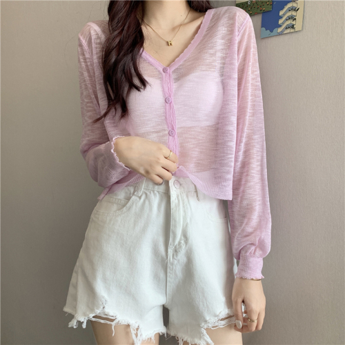 Real price real shot Korean version thin loose solid color knitted cardigan candy color sunscreen top female