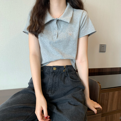 Real price ~ 5 colors will enter! Korean love embroidery Polo neck loose and thin short high waist short sleeve T-shirt