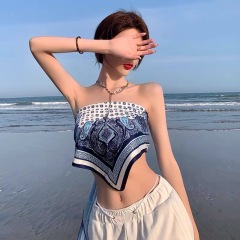 Retro print stitching short belly Pocket Vest women's new slim and navel revealing knitted suspender