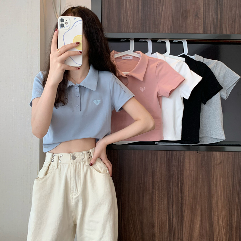 Real price ~ 5 colors will enter! Korean love embroidery Polo neck loose and thin short high waist short sleeve T-shirt