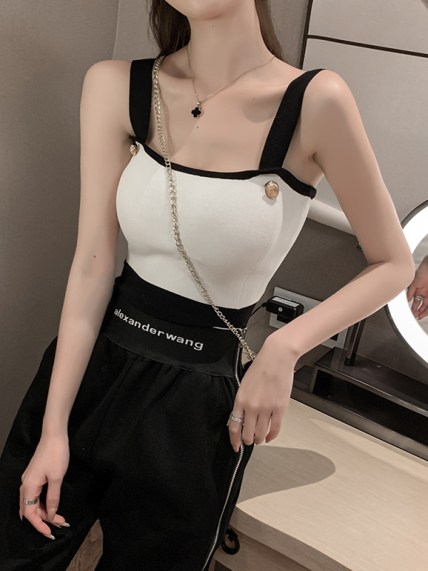 Contrast suspender vest women's summer back zipper slim fit high waist short open navel Knitted Top sleeveless open shoulder chest