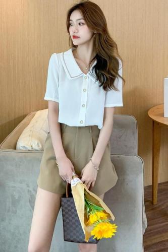 Real shot Chiffon short sleeve shirt female 2021 summer new Hong Kong style retro baby collar white top