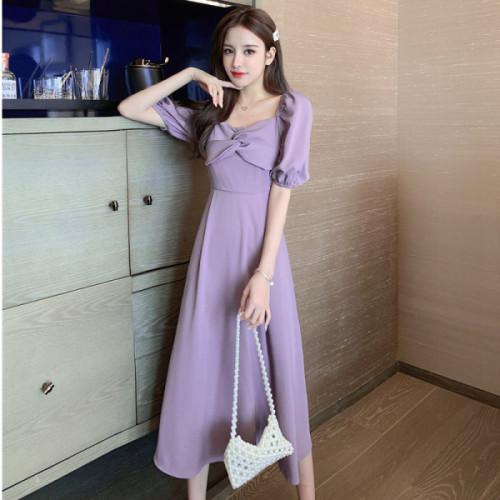 Purple dress women's summer new sweet retro French girl spirit Hepburn style knee length skirt