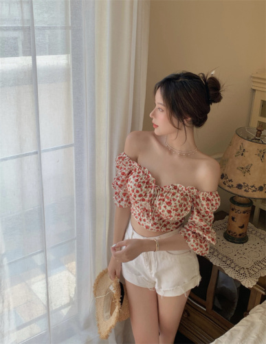 Real auction real price floral short tie neck one line shoulder exposed collarbone Short Sleeve T-Shirt Top