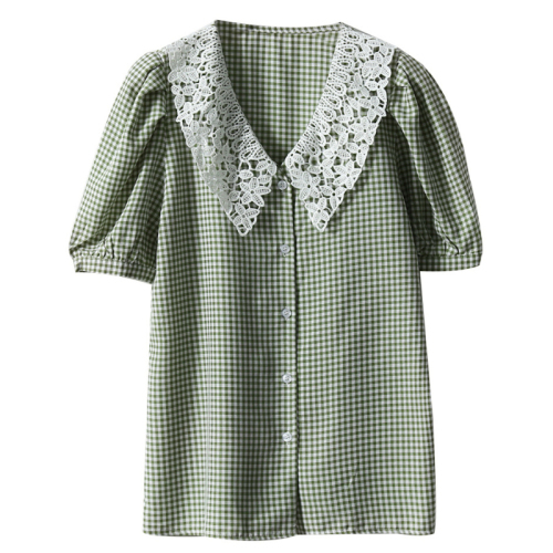 2021 Korean summer women's commuting French retro style sub grain lace doll collar V-neck bubble short sleeve shirt