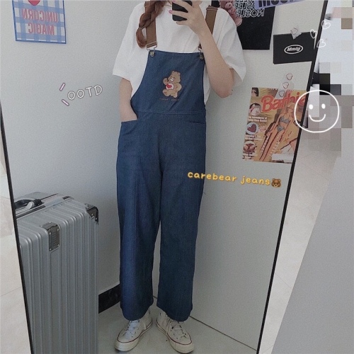 Real shooting ~ ancient children's fun cute girl embroidery bear cartoon jeans, suspenders, trousers, straight pants