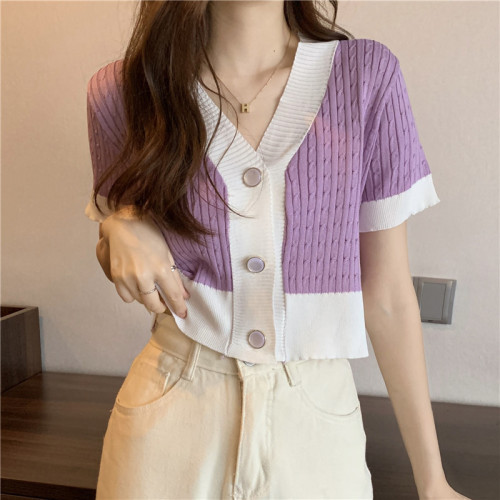 Summer  new Korean version small loose V-neck temperament contrast short top short sleeve knitted cardigan