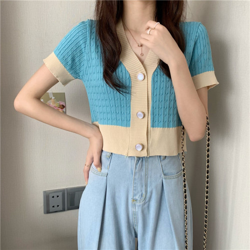 Summer  new Korean version small loose V-neck temperament contrast short top short sleeve knitted cardigan