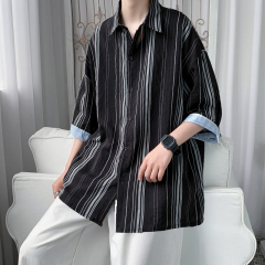 7XL ~ m large Stripe Shirt Men's 2021 summer new ultra thin breathable ice silk 3 / 4 sleeve sunscreen
