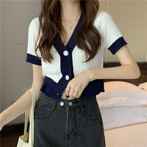 Summer  new Korean version small loose V-neck temperament contrast short top short sleeve knitted cardigan