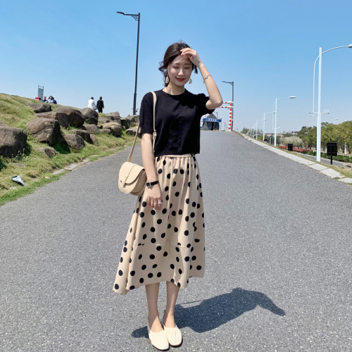 Spring and summer new French niche knitting knee length retro Polka Dot long skirt two piece suit dress for women