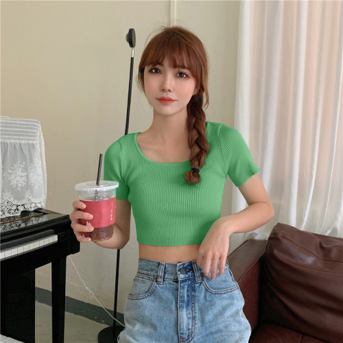 Real shot slim basic spice girl short sleeve T-shirt with collarbone