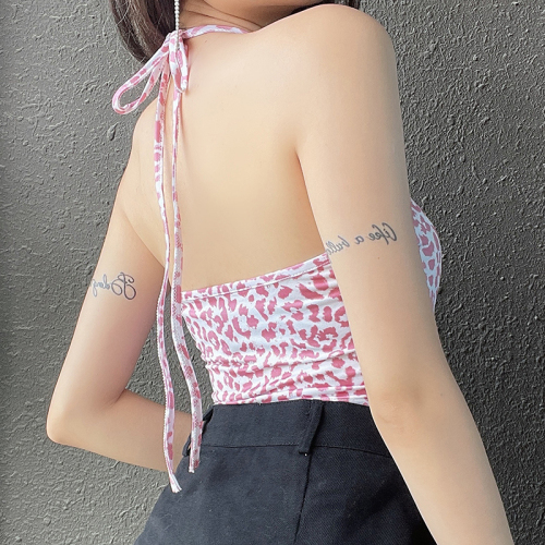American retro leopard pattern hanging neck sling shows thin short back girl's strange taste top