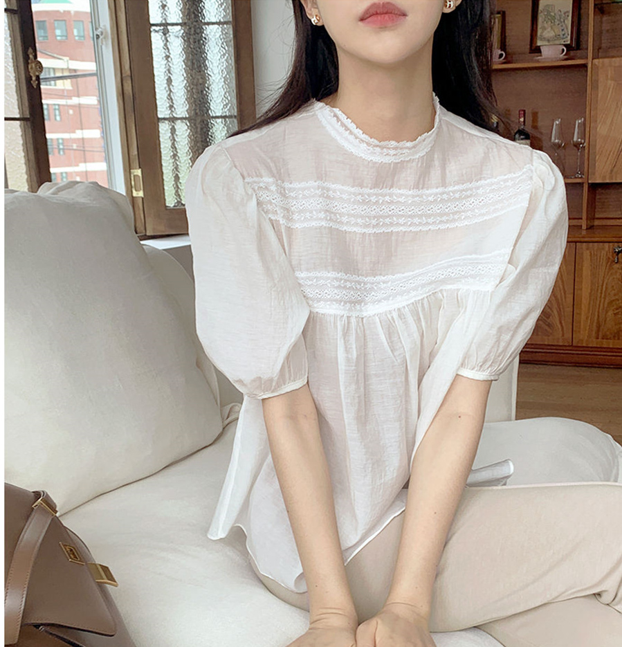 Korean French Court Style Lace stitching short sleeve shirt
