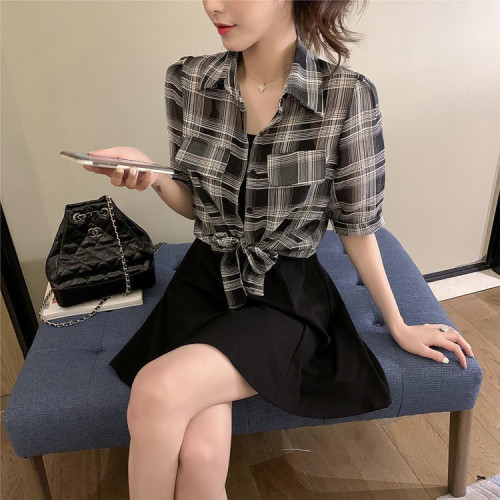 Mengjia small two piece women's summer new sling small black skirt with plaid sunscreen shirt suit