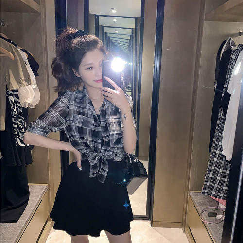 Mengjia small two piece women's summer new sling small black skirt with plaid sunscreen shirt suit