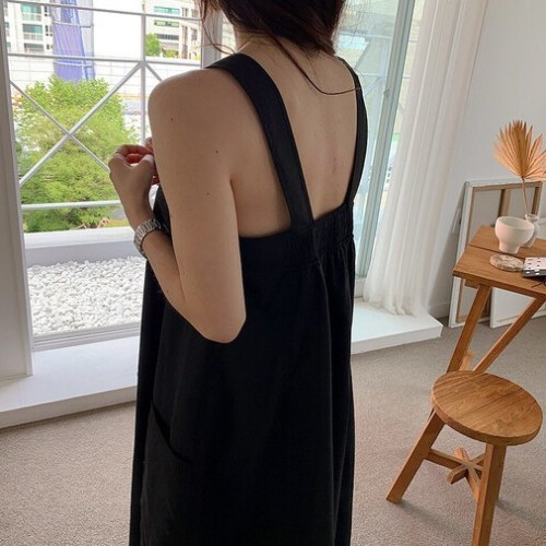Korean summer French style double pocket loose sleeveless suspender dress