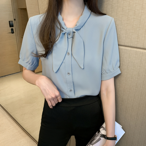 Real shooting ~ temperament short sleeve bow tie chiffon shirt women's summer design sense minority blue top retro shirt