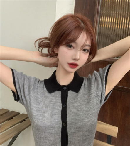 Polo neck ice silk short sleeve knitted cardigan women's 2021 new summer short small fragrance thin grey top