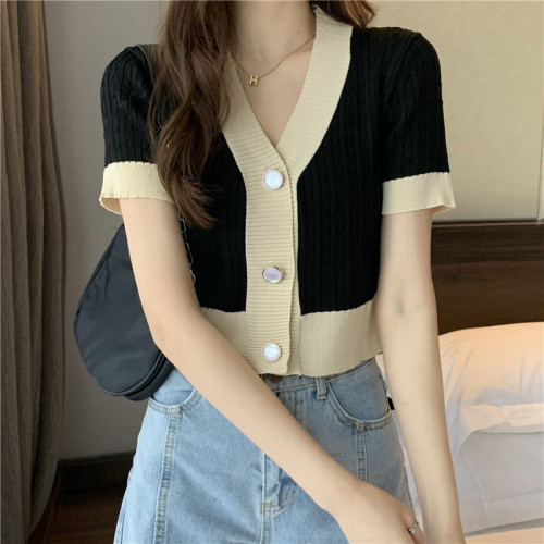 Summer new Korean version small loose neck temperament contrast short top short sleeve knitted cardigan
