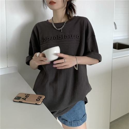 Real price ~ 5 colors / fashion design embossed letter round neck loose short sleeve T-shirt