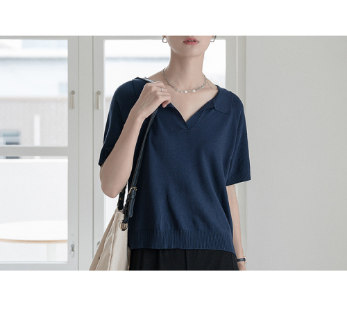 Knitted short sleeve T-shirt women's new summer collar design