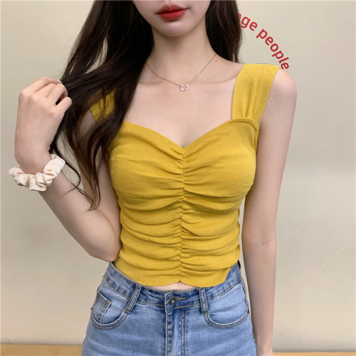 Summer wear slim pleated suspender vest with no sleeves and knitted bottom coat solid color short top women's wear