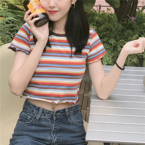 Short T-shirt tee jacket with wavy edges and Rainbow Stripes in summer