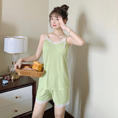 Real pajamas in summer with breast pad solid color thread simple sexy lace side sling home suit