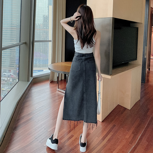 High waist split denim skirt half length skirt women's fashion show thin temperament