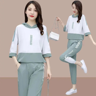 Summer autumn mid sleeve casual suit women's 2021 new versatile fashion Korean loose and thin two piece set