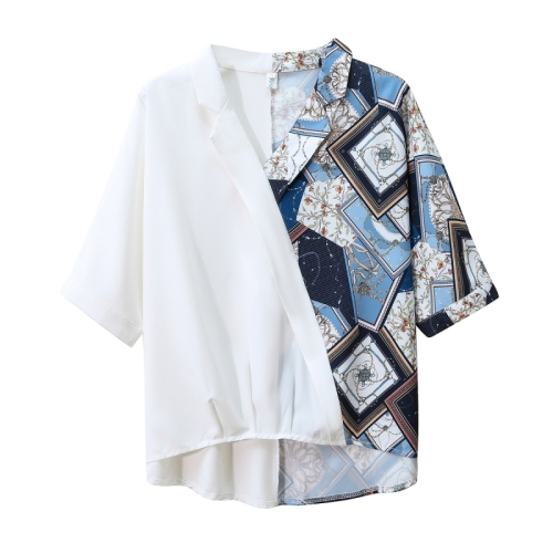 Contrast stitching V-neck shirt women's 2021 summer new style chiffon short sleeve top design