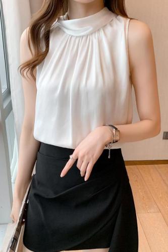 Women's summer 2021 white high necked top loose belly covered ribbon bow tie vest