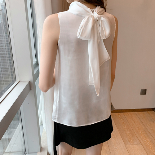 Women's summer 2021 white high necked top loose belly covered ribbon bow tie vest