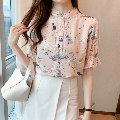 Short Sleeve Chiffon shirt women's summer lace edge floral horn bubble sleeve short top