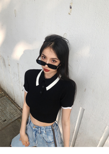 Contrast collar short sleeve T-shirt women's new Korean style versatile top